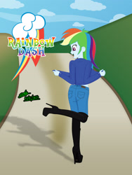 Size: 2414x3218 | Tagged: safe, alternate version, artist:gibsterboy5, imported from derpibooru, rainbow dash, human, equestria girls, boots, clothes, complex background, denim, denim jacket, female, high heel boots, high heels, high res, jacket, jeans, leather, leather boots, looking down, one leg raised, outdoors, pants, platform boots, platform heels, platform shoes, shadow, shoes, signature, smiling, solo, standing, standing on one leg, text, thigh boots