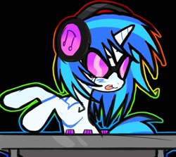 Size: 875x779 | Tagged: safe, artist:poniesinmyhead, imported from derpibooru, dj pon-3, vinyl scratch, pony, unicorn, :p, female, glasses, headphones, horn, mare, rainbow outline, smiling, solo, tongue out