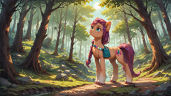 Size: 3840x2160 | Tagged: safe, imported from derpibooru, sunny starscout, earth pony, pony, ai composition, ai content, bag, braid, female, forest, g5, looking up, mare, nature, prompter:bluetoothworld, saddle bag, solo, sun, sunny's bag, surprised, surprised face, tree