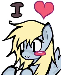 Size: 875x1067 | Tagged: safe, artist:poniesinmyhead, imported from derpibooru, derpy hooves, pegasus, pony, :3, blush sticker, blushing, bust, female, heart, mare, portrait, simple background, smiling, solo, white background