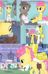 Size: 1989x3072 | Tagged: safe, artist:anonymousandrei, derpibooru exclusive, imported from derpibooru, li'l cheese, earth pony, unicorn, comic:life of li'l cheese, the last problem, armor, bag, blank flank, canterlot, colt, comic, dialogue, doctor, doctor's office, foal, horn, implied pinkie pie, inner thoughts, male, no catchlights, potion, royal guard, saddle bag, stallion, talking, text