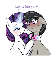 Size: 592x660 | Tagged: safe, artist:dd_mlp, imported from derpibooru, octavia melody, rarity, earth pony, pony, unicorn, bedroom eyes, blushing, bowtie, duo, duo female, eyeshadow, female, glowing, glowing horn, grin, horn, lesbian, lip bite, magic, makeup, mare, ponytober, ponytober 2022, raritavia, shipping, simple background, smiling, sweat, sweatdrop, teasing, undressing, white background