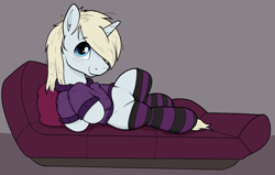 Size: 2837x1805 | Tagged: artist needed, safe, imported from ponybooru, oc, oc only, oc:synthwave, pony, unicorn, /mlp/, 4chan, blonde, blonde mane, blonde tail, butt, clothes, cushion, dock, eyelashes, femboy, girly, hoodie, large butt, lying down, male, neet, playing, sketch, socks, solo, stallion, thighs, thunder thighs, tired, trap, wide hips