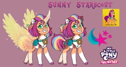 Size: 2048x1097 | Tagged: safe, artist:malinraf1615, imported from derpibooru, sunny starscout, alicorn, alternate design, alternate hairstyle, artificial horn, artificial wings, augmented, coat markings, curved horn, g5, horn, horn markings, large wings, magic, magic horn, magic wings, mane stripe sunny, my little pony logo, my little pony: tell your tale, pale belly, race swap, socks (coat markings), solo, spread wings, sunny starscout's cutie mark, sunnycorn, wings