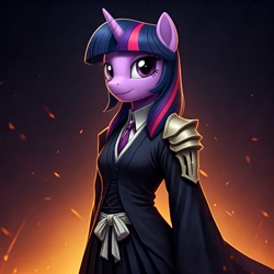 Size: 1024x1024 | Tagged: safe, generator:nightcafe ai, imported from twibooru, twilight sparkle, anthro, ai content, ai generated, anime, bleach (manga), crossover, generator:google imagen 3.0, image, needs more jpeg, soul reaper