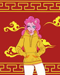 Size: 1900x2388 | Tagged: safe, artist:feralroku, imported from derpibooru, pinkie pie, anthro, earth pony, chinese new year, chinese new year 2025, clothes, cloud, cute, female, hand in pocket, hoodie, mare, mlem, one eye closed, silly, slit pupils, solo, standing, tongue out, year of the snake