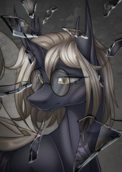 Size: 1703x2410 | Tagged: safe, artist:kreteen art, imported from derpibooru, oc, oc only, changeling, changeling queen, bust, changeling oc, female, glasses, portrait, shattered glass, solo, white changeling