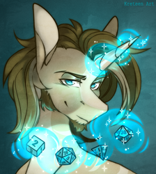 Size: 2216x2468 | Tagged: safe, artist:kreteen art, imported from derpibooru, oc, oc only, oc:valsie, unicorn, bust, dice, handsome, horn, magic, portrait, telekinesis