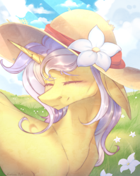 Size: 1718x2168 | Tagged: safe, artist:kreteen art, imported from derpibooru, oc, oc only, oc:goldie glow, lamia, original species, snake, snake pony, cute, flower, flower on hat, hat, meadow