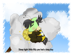 Size: 3500x2700 | Tagged: safe, artist:scandianon, imported from derpibooru, oc, oc only, oc:beefilly, oc:filly anon, bee, insect, pony, animal costume, bee costume, blushing, clothes, costume, eyes closed, female, filly, floppy ears, flower, foal, outdoors, sleeping, smiling, text, tribute