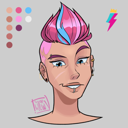 Size: 2048x2048 | Tagged: safe, artist:twillow, imported from derpibooru, part of a set, zipp storm, human, bust, color palette, ear piercing, earring, female, g5, gray background, grin, high res, humanized, jewelry, lip piercing, piercing, shaved sides, signature, simple background, smiling, solo, tan skin