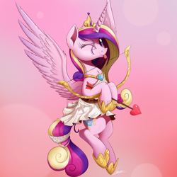 Size: 1500x1500 | Tagged: safe, artist:ncmares, imported from derpibooru, princess cadance, alicorn, pony, :p, arrow, bow (weapon), bow and arrow, clothes, crown, cupid, cupidance, cute, cutedance, female, flying, heart arrow, hoof shoes, jewelry, looking at you, mare, one eye closed, princess shoes, regalia, skirt, smiling, smiling at you, solo, spread wings, tongue out, watermark, weapon, wings, wink, winking at you