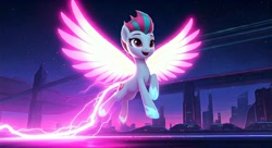 Size: 1408x768 | Tagged: safe, imported from derpibooru, zipp storm, fly, insect, pegasus, pony, city, city of zipp storm, flying, g5, lightning, magic, stars, wings