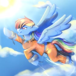 Size: 2048x2048 | Tagged: safe, artist:katieisthewolf, imported from derpibooru, rainbow dash, broken chains, clothes, flying, prison break, prison outfit, prisoner, prisoner rd