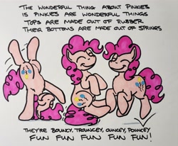 Size: 2048x1689 | Tagged: safe, artist:hoofclid, imported from derpibooru, pinkie pie, earth pony, pony, cartwheel, eyes closed, female, mare, marker drawing, smiling, solo, text, tigger, traditional art, winnie the pooh