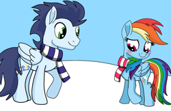 Size: 2139x1395 | Tagged: safe, artist:pinky cloudy, imported from derpibooru, rainbow dash, soarin', pegasus, pony, blushing, clothes, duo, duo male and female, female, male, mare, scarf, shipping, snow, soarindash, stallion, straight, striped scarf, winter