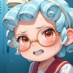 Size: 1024x1024 | Tagged: safe, imported from ponybooru, cozy glow, equestria girls, ai content, ai generated, blushing, braces, equestria girls-ified, female, glasses, looking at you, nerd, school, solo, underage