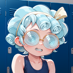 Size: 1024x1024 | Tagged: safe, imported from ponybooru, cozy glow, equestria girls, ai content, ai generated, blushing, braces, clothes, equestria girls-ified, female, glasses, hypno eyes, hypnosis, hypnotized, lockers, nerd, school, solo, spiral, swimsuit, underage