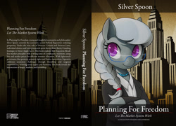 Size: 1250x900 | Tagged: safe, artist:darkdoomer, imported from ponybooru, silver spoon, earth pony, pony, book cover, business suit, clothes, cover, economics, older, solo, vector