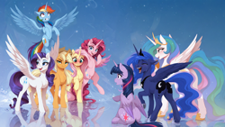 Size: 2560x1440 | Tagged: safe, imported from twibooru, applejack, fluttershy, pinkie pie, princess celestia, princess luna, rainbow dash, rarity, twilight sparkle, alicorn, pony, abstract background, ai composition, ai content, ai generated, alicorn six, alicornified, applecorn, applejack's hat, bipedal, blushing, covering mouth, cowboy hat, cross-eyed, crown, crying, everyone is an alicorn, female, fluttercorn, flying, generator:zoinksnoob, giggling, group, hat, horn, image, jewelry, laughing, lidded eyes, looking at self, looking at you, looking down, looking sideways, looking up, mane six, mare, open mouth, open smile, peytral, pinkiecorn, png, pointing at self, prompter:siber, race swap, rainbowcorn, raised hoof, raised leg, raricorn, reflection, regalia, shocked, sitting, smiling, smiling at you, speechless, spread wings, standing, tears of laughter, twilight sparkle (alicorn), unamused, wide eyes, wings, xk-class end-of-the-world scenario