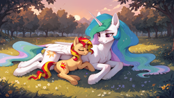 Size: 3840x2160 | Tagged: safe, artist:truekry, imported from derpibooru, princess celestia, sunset shimmer, alicorn, pony, unicorn, ai composition, ai content, cuddling, duo, duo female, ethereal mane, ethereal tail, female, flower, foal, folded wings, generator:tponynai3, generator:wai-ani-nsfw-ponyxl, grass, horn, loving gaze, lying down, meadow, momlestia, outdoors, sleeping, sunset, tail, tree, wallpaper, wings