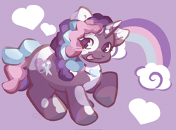 Size: 2048x1512 | Tagged: safe, artist:merricoeur, imported from derpibooru, pony, unicorn, 2024, blush scribble, blushing, dreadlocks, female, filly, foal, g5, heart, horn, looking sideways, open mouth, open smile, rainbow, smiling, solo, tail, violette rainbow, vitiligo