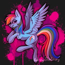 Size: 1000x1000 | Tagged: safe, artist:kathrynthebrony, imported from derpibooru, part of a set, rainbow dash, pegasus, pony, abstract background, female, mare, smiling, smirk, solo, spread wings, wings