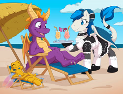 Size: 4400x3400 | Tagged: safe, artist:chaoskomori, imported from ponybooru, oc, oc:feathertrap, dracony, dragon, hybrid, pony, apron, beach, beach chair, blushing, choker, clothes, commission, crossdressing, cute, dress, fanart, femboy, frills, frilly, frilly dress, glasses, grin, happy, juice, just kiss already, maid, male, males only, puff sleeves, reclining, relaxing, serving tray, sissy, smiling, sparx the dragonfly, species swap, spyro the dragon, stallion, umbrella, wholesome