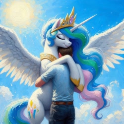 Size: 1024x1024 | Tagged: safe, artist:greenhatman, imported from ponybooru, princess celestia, alicorn, human, pony, ai content, alternate cutie mark, clothes, crown, cute, female, generator:bing image creator, hug, human male, jewelry, male, mare, painting, regalia, sun