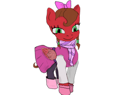 Size: 1024x768 | Tagged: safe, artist:lasty, imported from ponybooru, oc, oc:cherry kiss, pegasus, boots, bow, brown mane, clothes, cosplay, costume, female, female oc, females only, green eyes, hair bow, isabella garcia shapiro, mittens, pegasus oc, phineas and ferb, ponybooru collab 2024, red coat, scarf, shoes, simple background, skirt, standing, tights, transparent background, wings