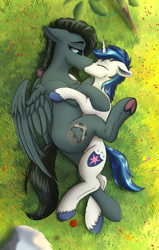 Size: 2160x3400 | Tagged: safe, alternate version, artist:crimsonwolf360, imported from derpibooru, shining armor, oc, oc only, oc:noble six, pegasus, unicorn, cuddling, duo, duo male and female, female, flower, grass, grass field, horn, infidelity, infidelity armor, kissing, male, mare, outdoors, partially open wings, size difference, smaller male, snuggling, stallion, wings