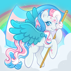 Size: 2400x2400 | Tagged: safe, artist:sparkytopia, imported from derpibooru, star catcher, pegasus, pony, blue eyes, colored wings, facial markings, female, flying, g3, looking at you, mare, multicolored hair, outdoors, pride, pride flag, rainbow, solo, spread wings, transgender pride flag, white coat, wings