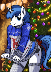 Size: 2480x3507 | Tagged: safe, artist:littlebadwolf, imported from ponybooru, oc, oc:feathertrap, anthro, plantigrade anthro, pony, unicorn, anthro oc, bow, christmas, christmas 2024, christmas lights, christmas tree, clothes, commission, cute, cutie mark, decoration, digital art, femboy, holiday, joy, male, no pants, sissy, smiling, solo, solo male, stallion, stockings, sweater, thigh highs, tree, ych result