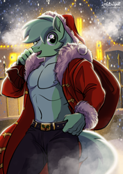 Size: 2480x3507 | Tagged: safe, artist:littlebadwolf, imported from ponybooru, oc, oc:clover cake, anthro, earth pony, plantigrade anthro, pony, christmas, christmas 2024, christmas lights, clothes, coat, commission, digital art, fur coat, grin, happy, hat, holiday, joyful, male, merry christmas, partial nudity, santa hat, santa sack, smiling, snow, snowfall, solo, solo male, stallion, topless, ych result