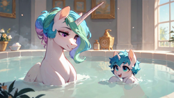 Size: 1920x1088 | Tagged: safe, imported from ponybooru, princess celestia, oc, oc:aurora borealis, alicorn, pony, unicorn, ai content, ai generated, alternate hairstyle, bath, bathing, bathroom, bathtub, blush lines, blushing, day, duo, female, filly, flower, foal, folded wings, hair bun, indoors, looking at someone, mare, momlestia, mother and child, mother and daughter, open mouth, open smile, parent and child, prompter:truekry, smiling, water, window, wings