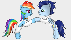 Size: 800x450 | Tagged: safe, imported from derpibooru, rainbow dash, soarin', pegasus, pony, clothes, female, male, mare, shipping, soarindash, stallion, straight