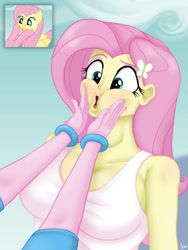 Size: 828x1104 | Tagged: safe, artist:lennondash, imported from derpibooru, fluttershy, pinkie pie, human, equestria girls, too many pinkie pies, :o, bare shoulders, breasts, busty fluttershy, butterfly hairpin, cheek squish, clothes, equestria girls interpretation, face grab, faic, female, my little pony, offscreen character, open mouth, puckered lips, scene interpretation, screencap reference, solo focus, squishy cheeks, tanktop, wristband