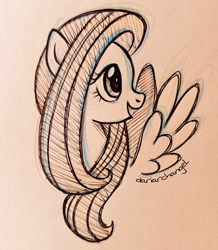 Size: 2457x2813 | Tagged: safe, artist:dariarchangel, imported from derpibooru, fluttershy, pegasus, pony, :d, adorable face, bust, cute, cute face, cute smile, female, long hair, long mane, mare, monochrome, open mouth, open smile, pegasus wings, pen drawing, pen sketch, portrait, shyabetes, sketch, smiling, solo, spread wings, traditional art, wings