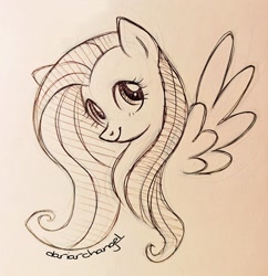 Size: 2621x2710 | Tagged: safe, artist:dariarchangel, imported from derpibooru, fluttershy, pegasus, pony, adorable face, bust, cute, cute face, cute smile, female, long hair, long mane, mare, monochrome, pegasus wings, pen drawing, pen sketch, portrait, shyabetes, sketch, solo, spread wings, traditional art, wings