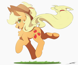 Size: 3000x2500 | Tagged: safe, artist:skitsroom, imported from derpibooru, applejack, earth pony, pony, chest fluff, cute, eyebrows, eyebrows visible through hair, female, high res, jackabetes, mare, open mouth, open smile, prancing, signature, simple background, smiling, solo, white background