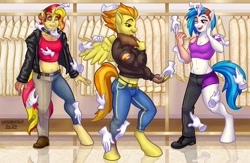 Size: 1586x1035 | Tagged: safe, artist:hornbuckle, imported from derpibooru, dj pon-3, spitfire, sunset shimmer, vinyl scratch, anthro, human, pegasus, unguligrade anthro, unicorn, boutique, clothes, female, hand, horn, human to anthro, indoors, magic, magic hands, smiling, transformation, transforming clothes, trio