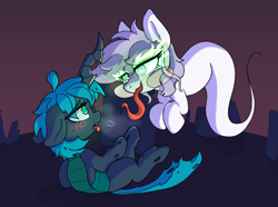 Size: 3000x2228 | Tagged: safe, artist:zzzsleepy, imported from derpibooru, oc, oc only, oc:changeling filly anon, oc:chanter, changeling, ghost, undead, blush sticker, blushing, female, filly, foal, glowing, glowing eyes, gravestone, graveyard, hypnosis, hypnotized, long tongue, lying down, panting, tongue out, wavy mouth