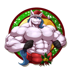 Size: 2500x2300 | Tagged: safe, artist:metallosaurusrex, imported from ponybooru, oc, oc only, oc:delta dart, anthro, hippogriff, bell, christmas, commission, hat, hippogriff oc, holiday, male, muscles, muscular male, ribbon, santa hat, solo, talons, ych result