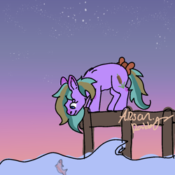 Size: 1024x1024 | Tagged: safe, artist:arsonrabbit, imported from derpibooru, oc, oc only, oc:wetland bough, earth pony, fish, pony, blue eyes, bow, cyan hair, cyan mane, cyan tail, digital art, dock, earth pony oc, female, looking at something, looking down, male to female, mare, night, outdoors, purple coat, rule 63, signature, sky, solo, starry night, starry sky, stars, tail, tail bow, trans female, transgender, transgender oc, water