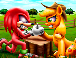 Size: 2795x2160 | Tagged: safe, artist:jac59col, imported from derpibooru, applejack, anthro, earth pony, echidna, pony, angry, apple orchard, arm wrestling, competition, crossover, female, gritted teeth, knuckles the echidna, male, mare, mobian, orchard, red eyes, sonic the hedgehog (series), teeth, tree stump