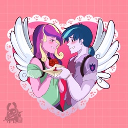 Size: 2048x2048 | Tagged: safe, artist:inkrred, imported from derpibooru, princess cadance, shining armor, human, equestria girls, blushing, bracelet, commission, duo, duo male and female, fake wings, female, flower, friendship bracelet, grin, heart, high res, holiday, jewelry, letter, looking at each other, looking at someone, male, shiningcadance, shipping, smiling, smiling at each other, straight, valentine, valentine's day, wings, ych example, your character here