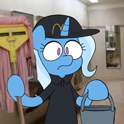 Size: 1080x1080 | Tagged: safe, artist:plum, imported from derpibooru, trixie, semi-anthro, unicorn, blue coat, blue mane, bucket, cap, clothes, female, fluttermop, hat, holding, horn, indoors, mare, mcdonald's, purple eyes, real life background, shirt, solo