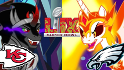 Size: 1280x720 | Tagged: artist needed, safe, edit, imported from twibooru, daybreaker, king sombra, author needed, colored, colorist needed, editor needed, image, kansas city chiefs, philadelphia eagles, png, super bowl lix