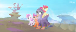 Size: 1280x549 | Tagged: safe, artist:opticspectrum, imported from derpibooru, apple bloom, gabby, scootaloo, sweetie belle, earth pony, griffon, pegasus, pony, unicorn, the fault in our cutie marks, chromatic aberration, cutie mark, cutie mark crusaders, day, female, filly, foal, griffonstone, horn, mare, missing accessory, my little pony, the cmc's cutie marks