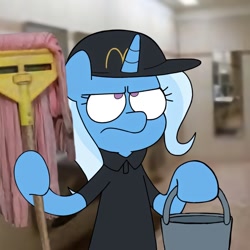 Size: 1080x1080 | Tagged: safe, artist:plum, artist:plumt-t, imported from derpibooru, trixie, semi-anthro, unicorn, annoyed, bucket, clothes, female, fluttermop, hoof hold, horn, looking up, mare, mcdonald's, mop, solo, uniform